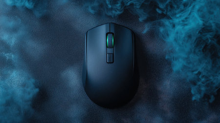 A sleek gaming mouse rests against a smoky blue backdrop, showcasing modern design and vibrant LED lighting.の素材