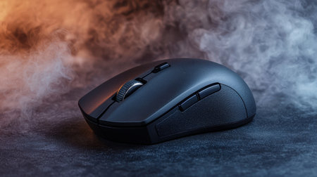 A sleek black computer mouse is showcased against a smoky backdrop, emphasizing its design and functionality.の素材