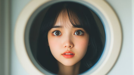 A young woman with expressive eyes gazes curiously through a circular opening, creating an intimate and captivating portrait.の素材