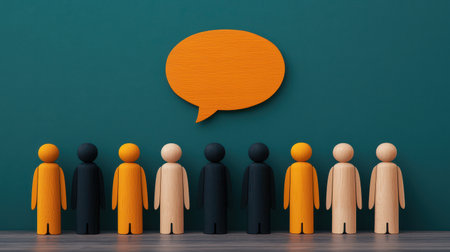 A group of colorful wooden figurines stands in front of a green wall, with an orange speech bubble above them, symbolizing communication and dialogue.の素材