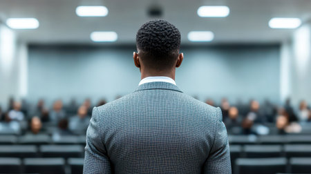 A professional man stands before an audience in a lecture hall, wearing a suit, preparing to deliver a presentation or speech.の素材