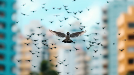 A lone bird soars amidst a swarm of smaller birds, set against a backdrop of urban buildings and a clear blue sky.の素材