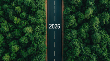 Aerial view of a road cutting through a lush forest, with "2025" marked on the pavement, symbolizing a journey or future destination.の素材