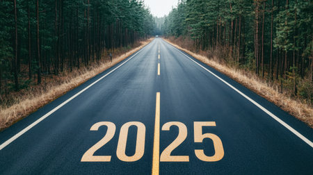 A straight road stretches into the distance, marked by the numbers "2025," flanked by lush trees on either side, suggesting a journey toward the future.の素材
