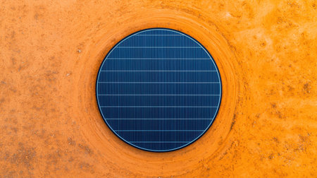 A circular solar panel atop a textured orange surface, illustrating the integration of renewable energy and technology in natural settings.の素材