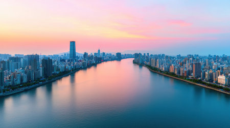 A serene cityscape at sunset, showcasing reflective water and modern skyline against a colorful sky.の素材