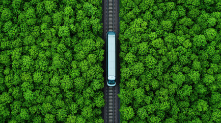 A train travels through dense green forests, surrounded by lush vegetation, showcasing nature's beauty from an aerial perspective.の素材
