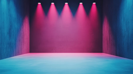 A vibrant, empty room illuminated by pink and blue lights, creating an artistic ambiance perfect for photoshoots or events.の素材