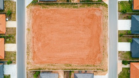 Aerial view of a vacant lot surrounded by residential homes, showcasing bare earth and nearby roads.の素材