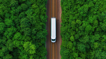 A train travels along a railway surrounded by lush green forests, showcasing a blend of nature and transportation.の素材