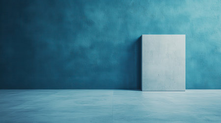 A minimalist scene featuring a concrete block against a textured blue wall, creating a modern, tranquil atmosphere.の素材