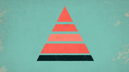 A minimalist design featuring stacked triangles in varying shades of red on a textured turquoise background.の素材