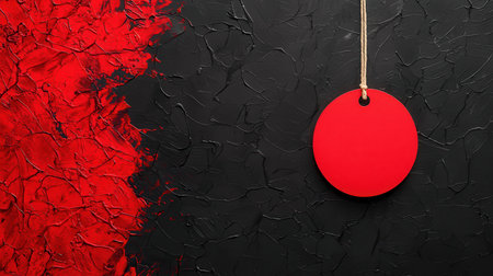A vibrant red circular tag hangs against a textured black and red background, creating a striking visual contrast.の素材