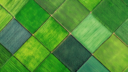 Aerial view of vibrant green fields arranged in a patchwork, showcasing various textures and shades of green in a geometric layout.の素材