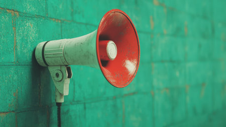 A vintage megaphone mounted on a turquoise wall, conveying a sense of communication and retro aesthetic.の素材