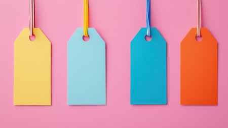 Colorful blank tags hang against a pink background, showcasing a vibrant and minimalist design.の素材