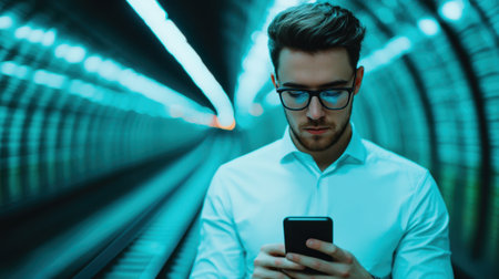 A young man in a white shirt and glasses looks at his smartphone in a dimly lit tunnel, surrounded by glowing blue lights.の素材