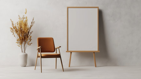A minimalist interior featuring a wooden chair, a blank framed board, and a decorative plant in a modern setting.の素材
