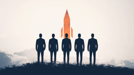 Silhouettes of five figures in suits stand on a hill, gazing at a towering rocket, symbolizing ambition, innovation, and the pursuit of new frontiers.の素材