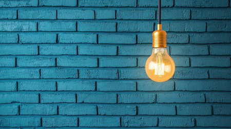 A glowing light bulb hangs against a textured blue brick wall, creating a warm and inviting atmosphere.の素材
