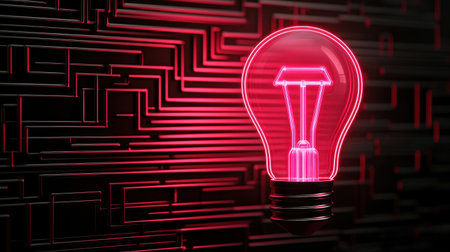 A glowing red lightbulb against a dark, textured background, symbolizing innovation and creativity.の素材