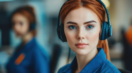 A focused woman with red hair wears a headset in a call center, showcasing a professional environment and attentive demeanor.の素材