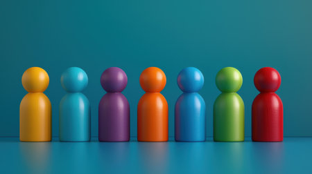 Colorful wooden figurines lined up against a teal background, showcasing a playful and vibrant arrangement that represents diversity and creativity.の素材