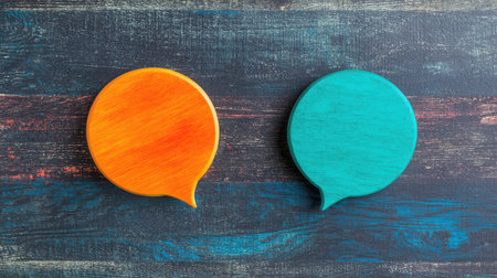 Two colorful speech bubbles, one orange and one teal, sit on a textured wooden background, symbolizing communication and conversation.の素材