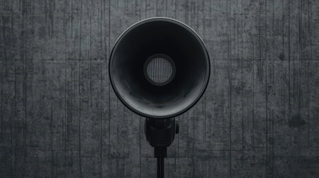 A vintage microphone stands against a textured gray background, emphasizing a classic design and retro aesthetic in a minimalist style.の素材