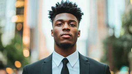 A confident man in a suit stands in an urban setting, embodying professionalism and ambition against a blurred city backdrop.の素材