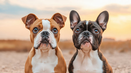 Two adorable French Bulldogs sit side by side, showcasing their distinct colors against a picturesque sunset background.の素材