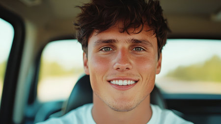 A smiling young man with tousled hair is seated in a vehicle, showcasing a warm and inviting expression against a blurred background.の素材