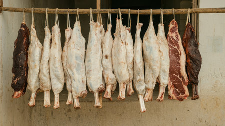 A display of hanging meat cuts, showcasing various types of prepared meat, likely in a market or processing area.の素材