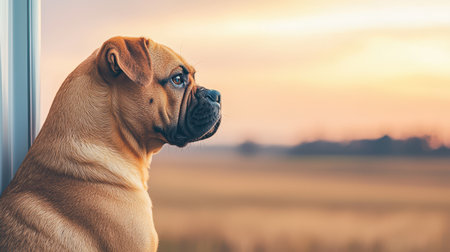 A contemplative dog gazes out of a window at a serene landscape during sunset, showcasing a moment of tranquility.の素材