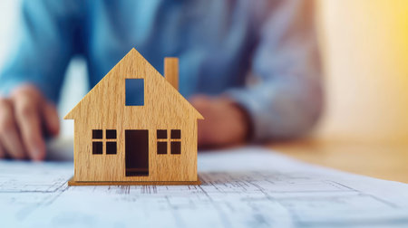 A wooden house model placed on blueprints with a person"s hands in the background, symbolizing home construction and planning.の素材