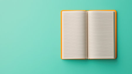Open book with blank pages on a teal background, inviting creativity and writing.の素材