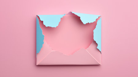 A torn envelope with a pastel blue and pink design, set against a pink background, creating a playful and artistic visual.の素材