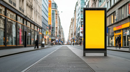 A vibrant, empty street scene featuring a yellow advertising billboard amidst modern shops and pedestrians, capturing urban life.の素材