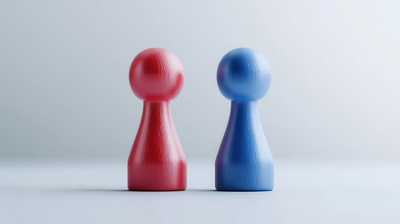 Two game pieces, one red and one blue, stand close together on a neutral surface, symbolizing competition and collaboration.の素材