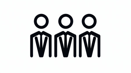 A minimalist illustration of three figures in suits, representing professionalism, teamwork, and corporate identity.の素材