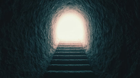 A dimly lit tunnel leads to a bright light, with stairs ascending towards the source, symbolizing hope and transition.の素材