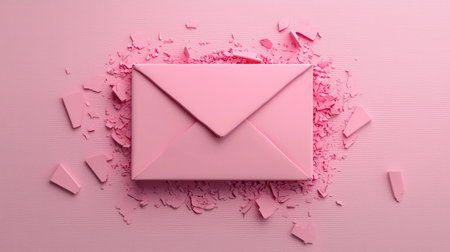 A pink envelope rests atop a bed of pink shavings, creating a soft and harmonious aesthetic.の素材