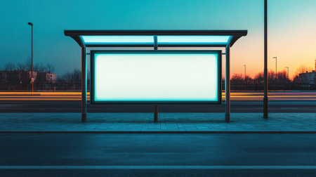 A modern bus stop at dusk, featuring a blank advertisement board, illuminated by soft blue lights against a vibrant sunset.の素材