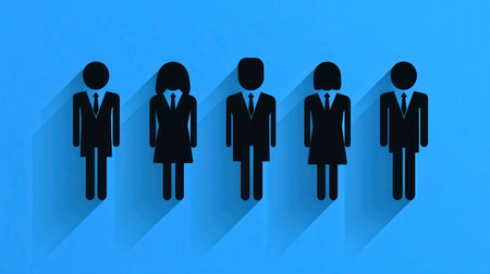 The image features five stylized figures in business attire against a blue background, symbolizing professionalism and teamwork.の素材