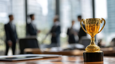 Golden trophy on a wooden table with blurred businessmen in suits discussing success in a modern office environment with large windows and city viewの素材