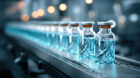 Clear Vials Filled with Liquid on Production Line in Modern Pharmaceutical Laboratory with Blurred Background and Bright Lightsの素材