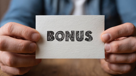 Person Holding a Card with the Word Bonus Written in Bold Letters, Symbolizing Incentives and Rewards in Business Contextの素材