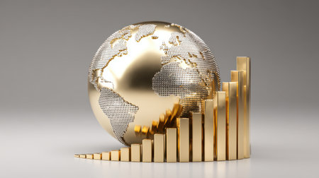 Golden Globe with World Map and Rising Bar Graph Representing Economic Growth and Global Success in Business and Finance Industryの素材