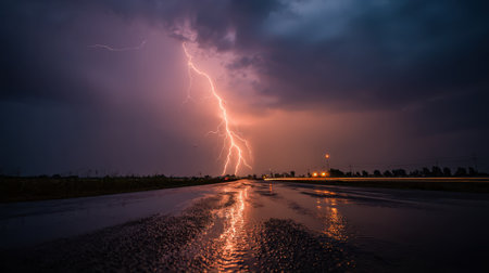 Dramatic Lightning Strikes Across a Dark Sky Illuminating a Wet Road During a Thunderstorm at Duskの素材