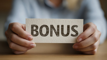 Individual Holding Bonus Card Close-Up, Celebrating Achievement and Motivation in a Professional Setting with Natural Light and Warm Ambienceの素材